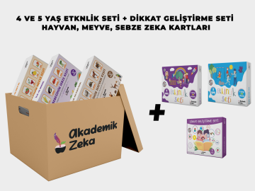 4 ve 5 Yaş Etkinlik Seti + Dikkat Geliştirme Seti + Hayvan, Sebze, Meyve Zeka Kartları