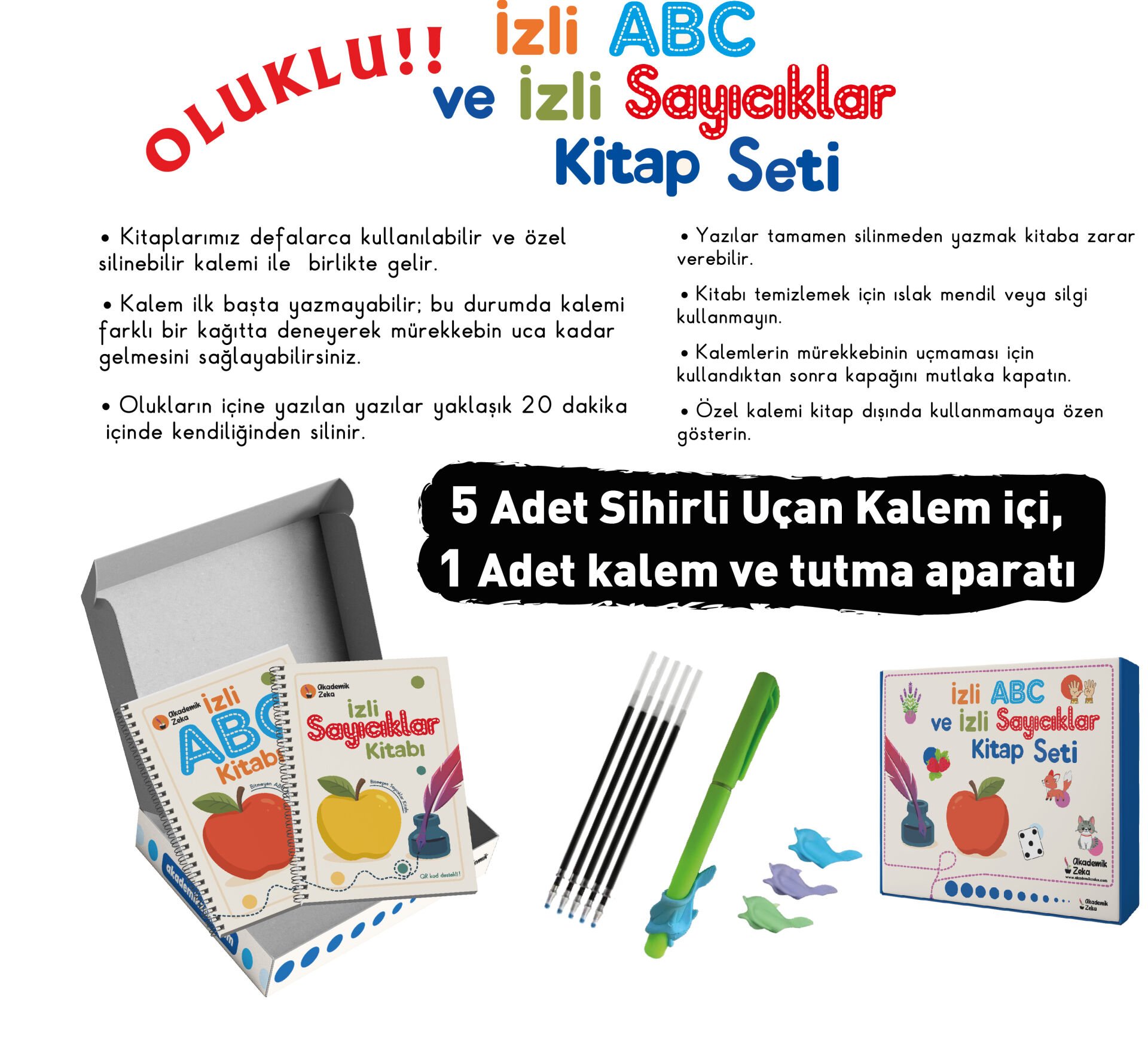 İzli Abc ve Sayıcıklar Kitabları Oluklu Seti (1AdetSihirliUçanKalem-TutmaAparatı, 10 Adet Kalem İçi)