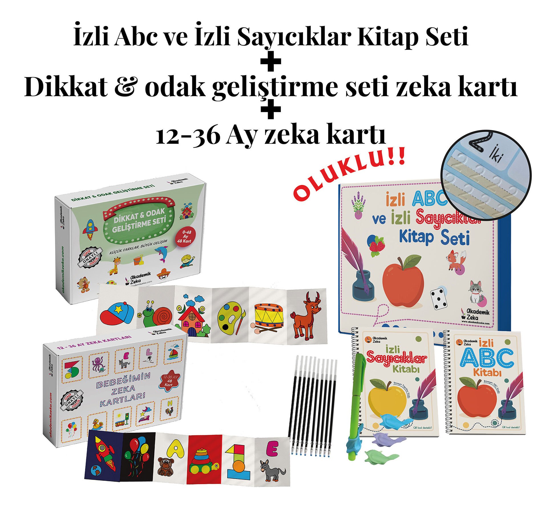 İzli Abc ve Sayıcıklar Kitabları Oluklu -Dikkat & Odak Geliştirme ve 12-36 Ay Zeka Kartları Seti
