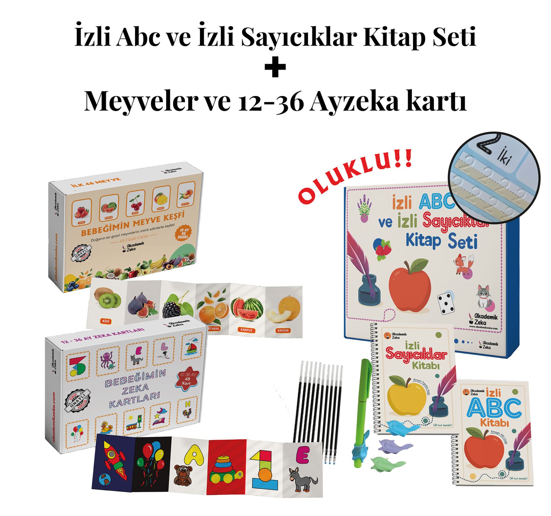 İzli Abc ve Sayıcıklar Kitabları Oluklu -Bebeğimin Meyve Keşfi ve 12-36 Ay Zeka Kartları Seti